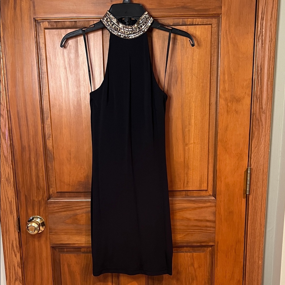 Bebe embellished, high neck, mini dress